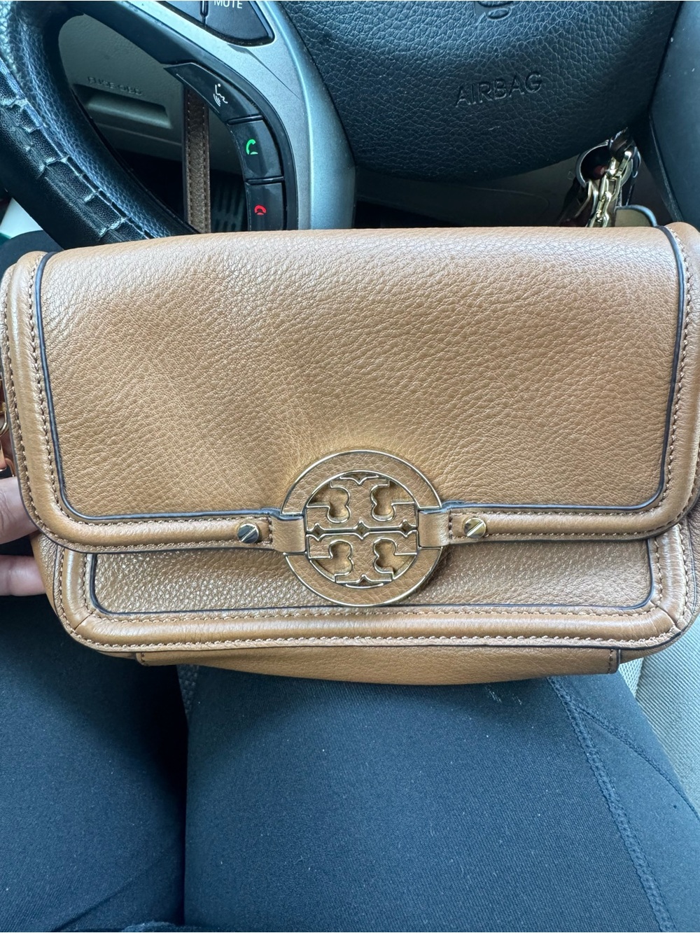 Tory Burch Tan Pebbled Leather Crossbody with Logo Medallion